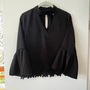 Anthropologie Moon River Bell Sleeve‎ Top with Floral Applique in Black, Small